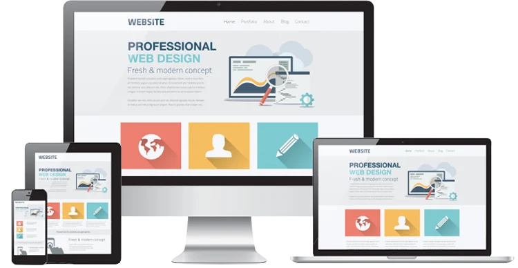 Concept image showing the same website on a desktop PC, a laptop, a tablet, and a smartphone